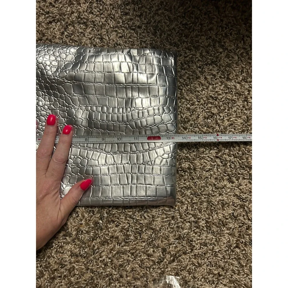 Makeup Junkie Bags Silver Metallic Croc Embossed Large Cosmetic Bag Tassel